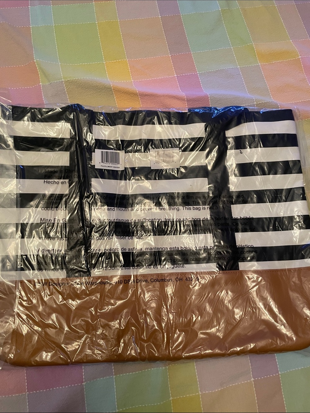 Striped Black & White Tote Bag with Brown Base